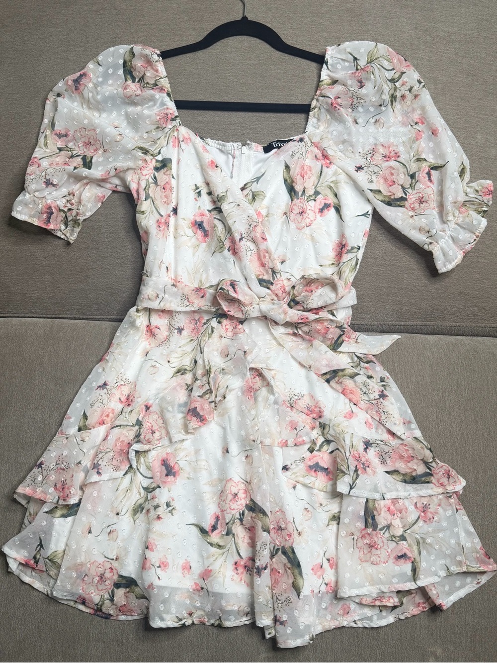 Women’s Cream Dress with Pink Floral Print and Puff Sleeves